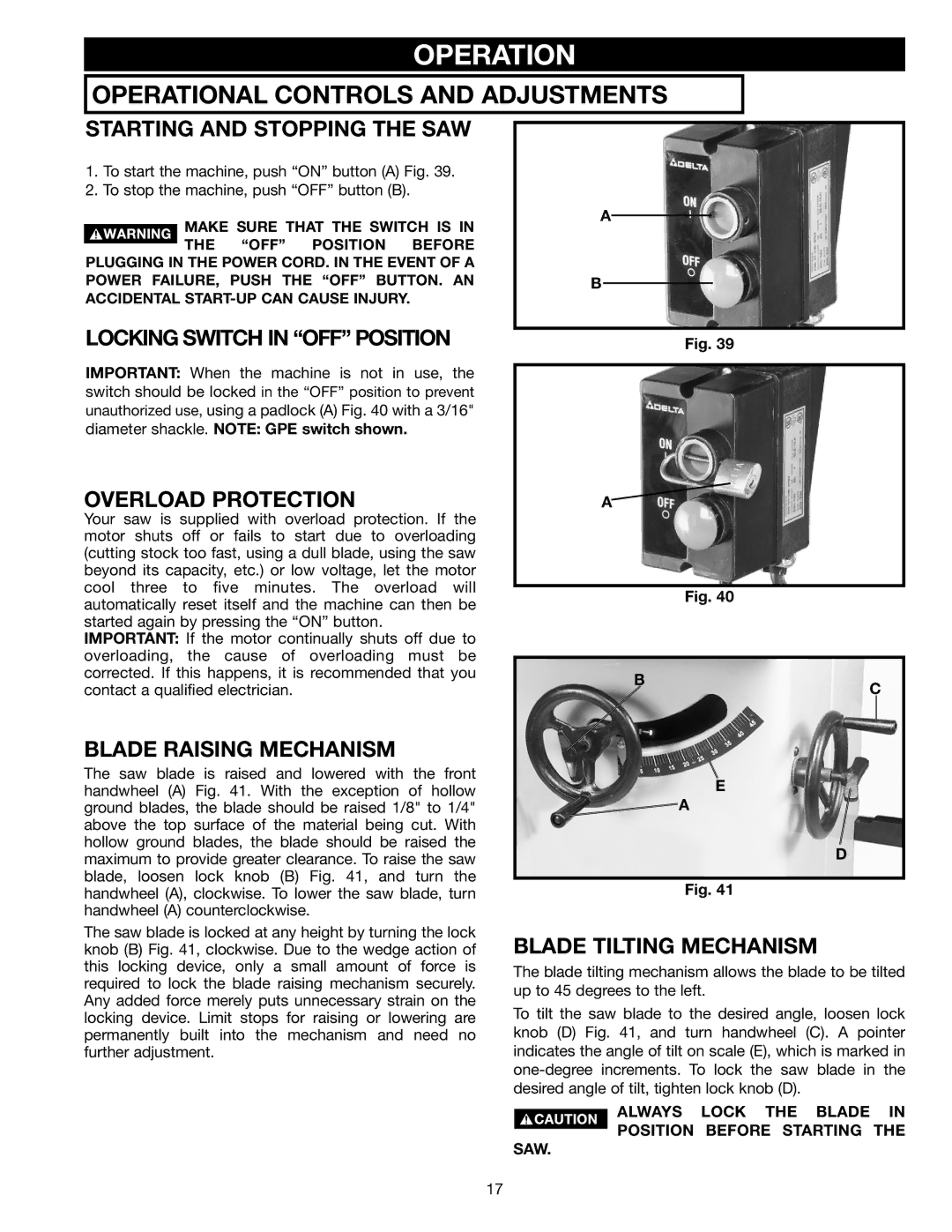 Delta 36-953 instruction manual Operation 