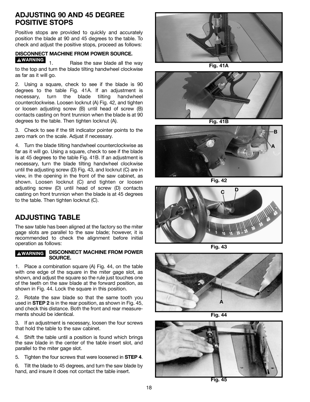 Delta 36-953 instruction manual Adjusting 90 and 45 Degree Positive Stops, Adjusting Table 