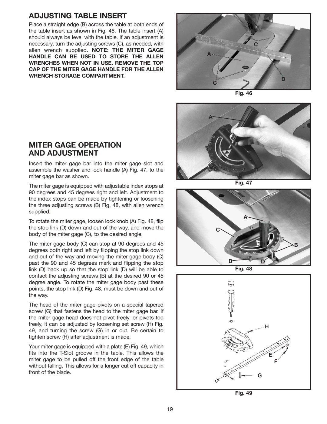 Delta 36-953 instruction manual Adjusting Table Insert, Miter Gage Operation Adjustment 