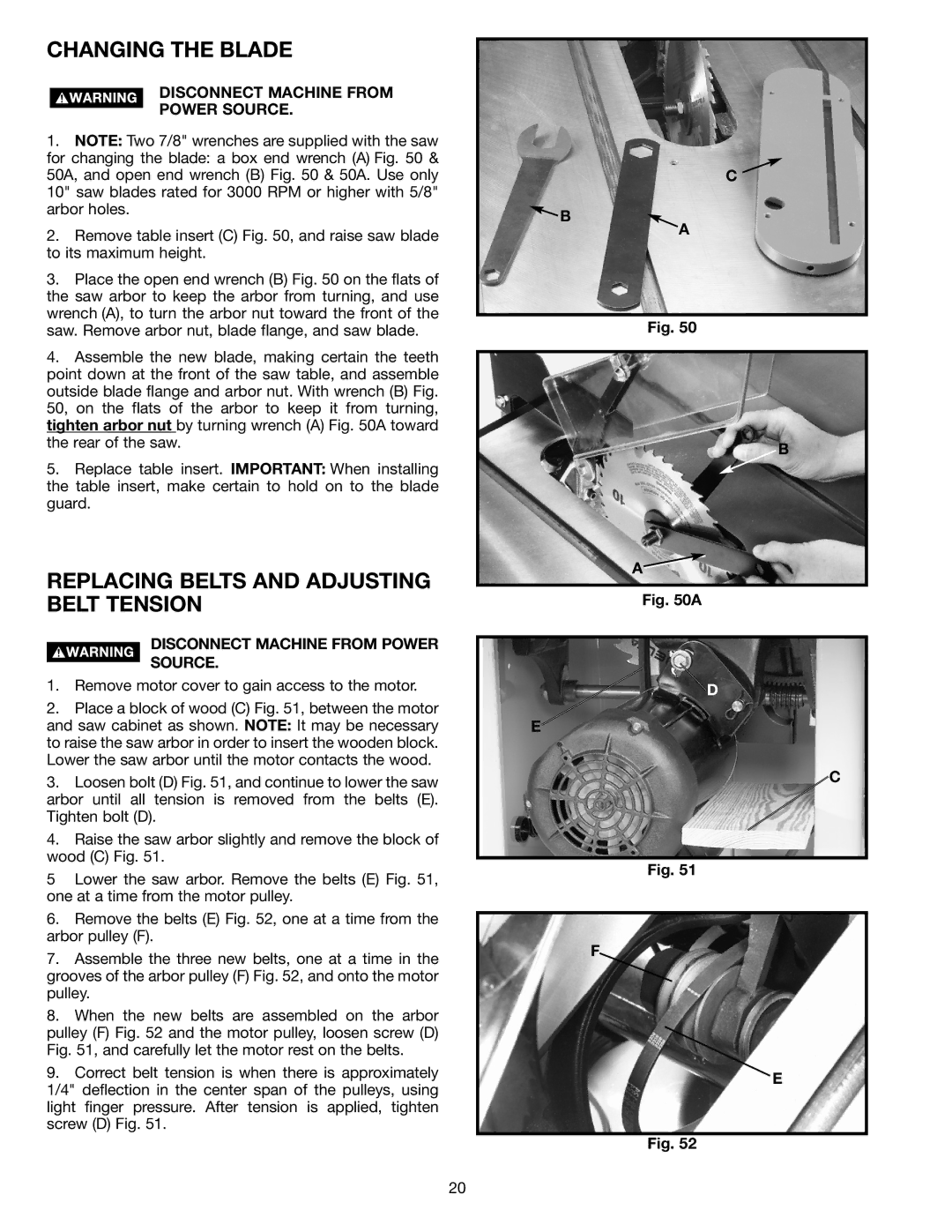 Delta 36-953 instruction manual Changing the Blade, Replacing Belts and Adjusting Belt Tension 