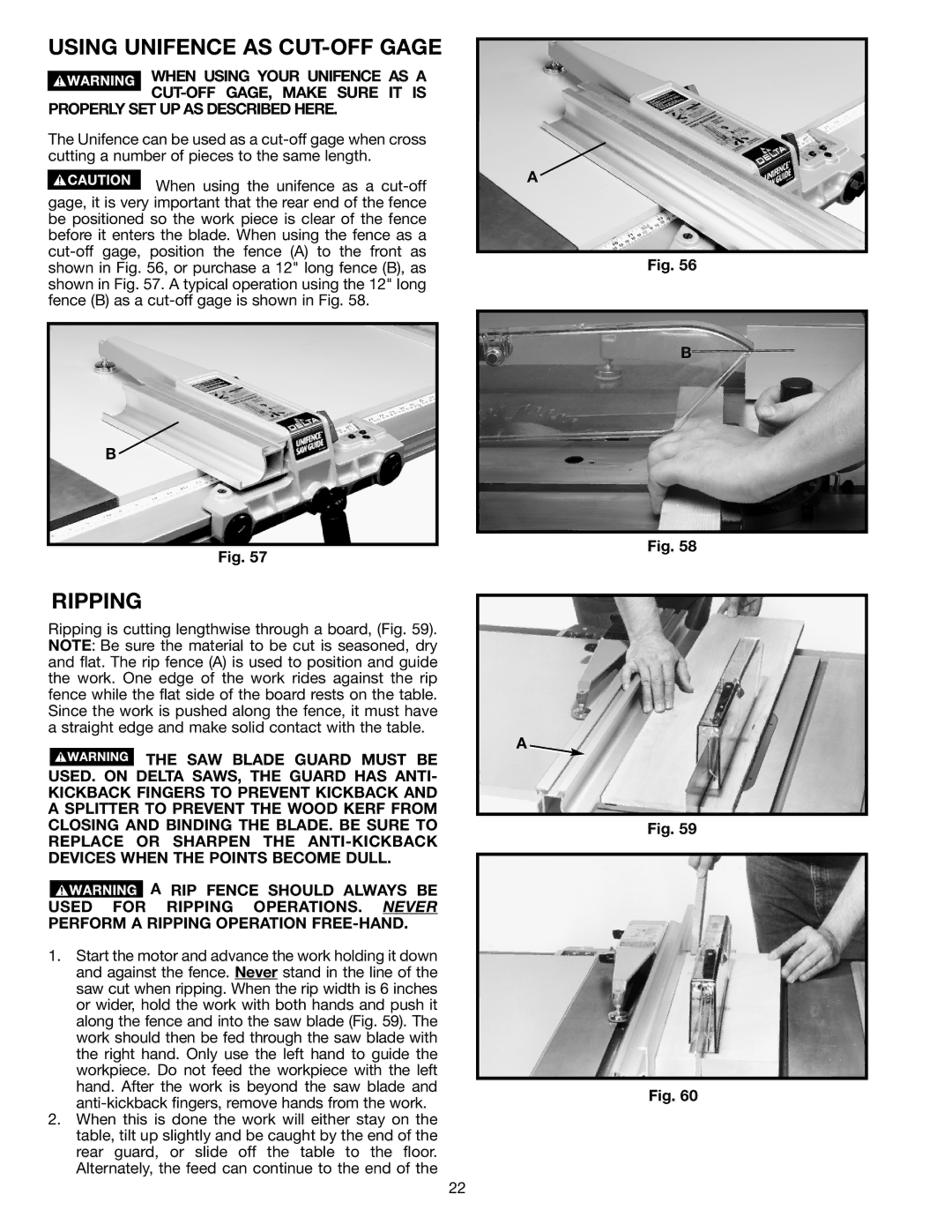 Delta 36-953 instruction manual Using Unifence AS CUT-OFF Gage, Ripping 