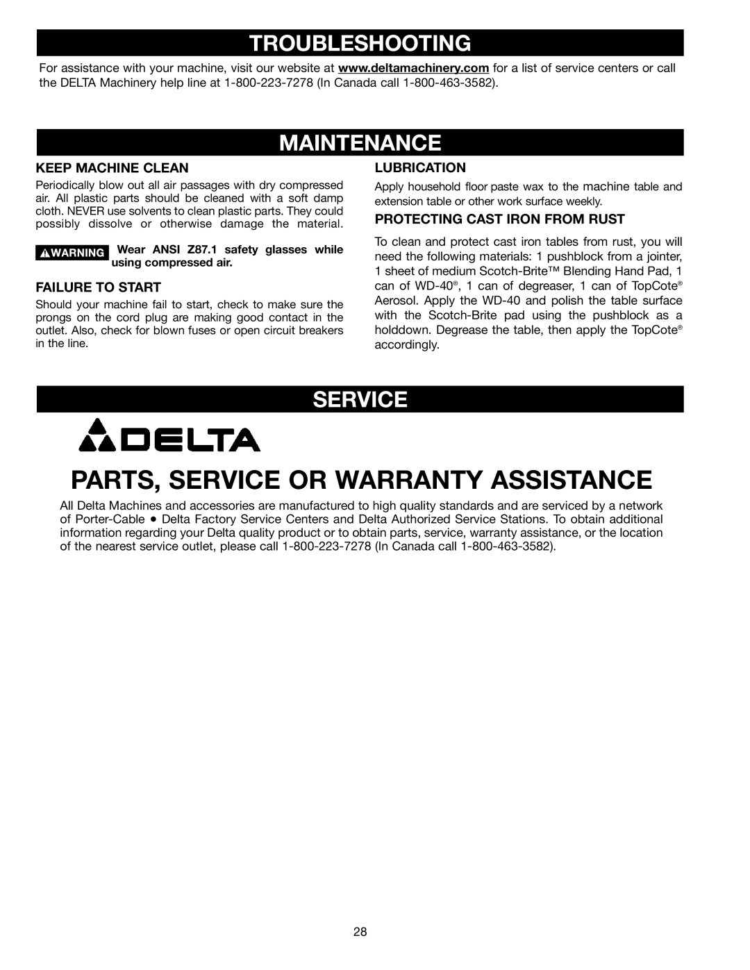 Delta 36-953 instruction manual Troubleshooting Maintenance, Service 