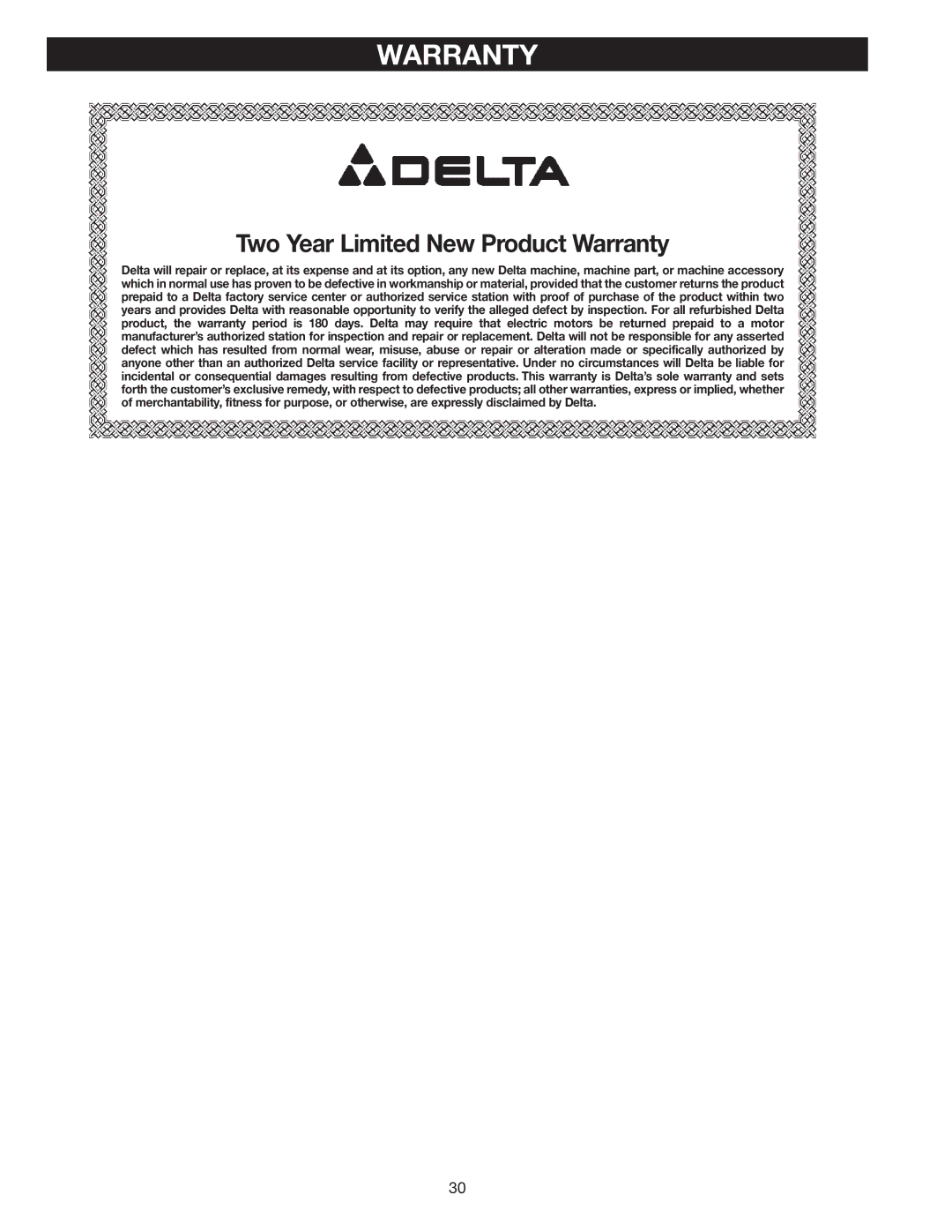 Delta 36-953 instruction manual Two Year Limited New Product Warranty 