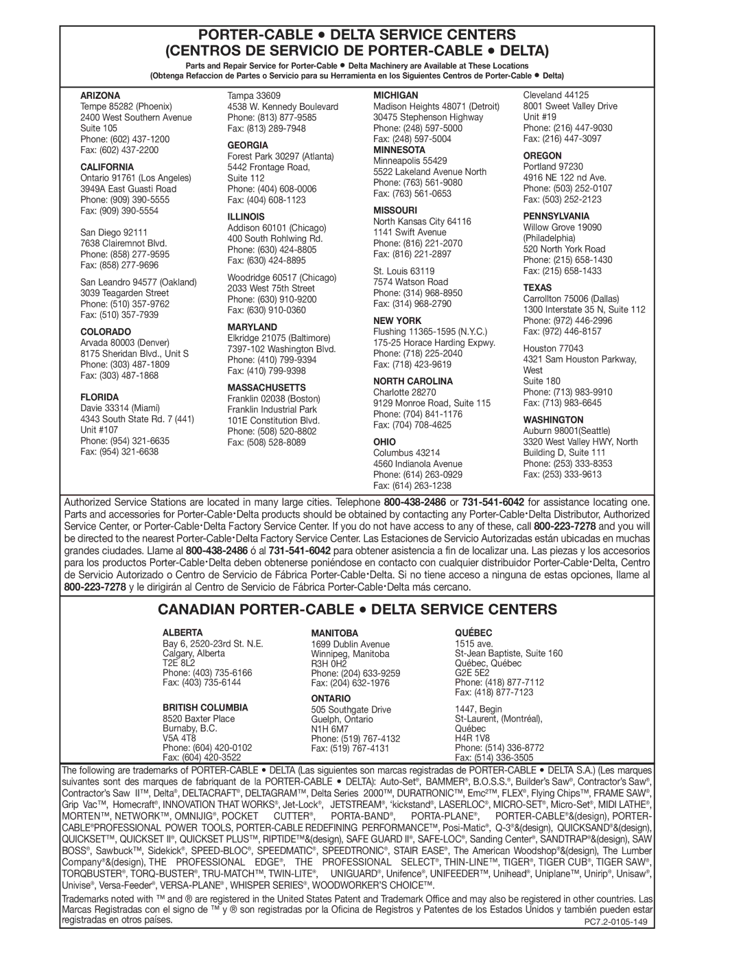 Delta 36-953 instruction manual Canadian PORTER-CABLE Delta Service Centers 