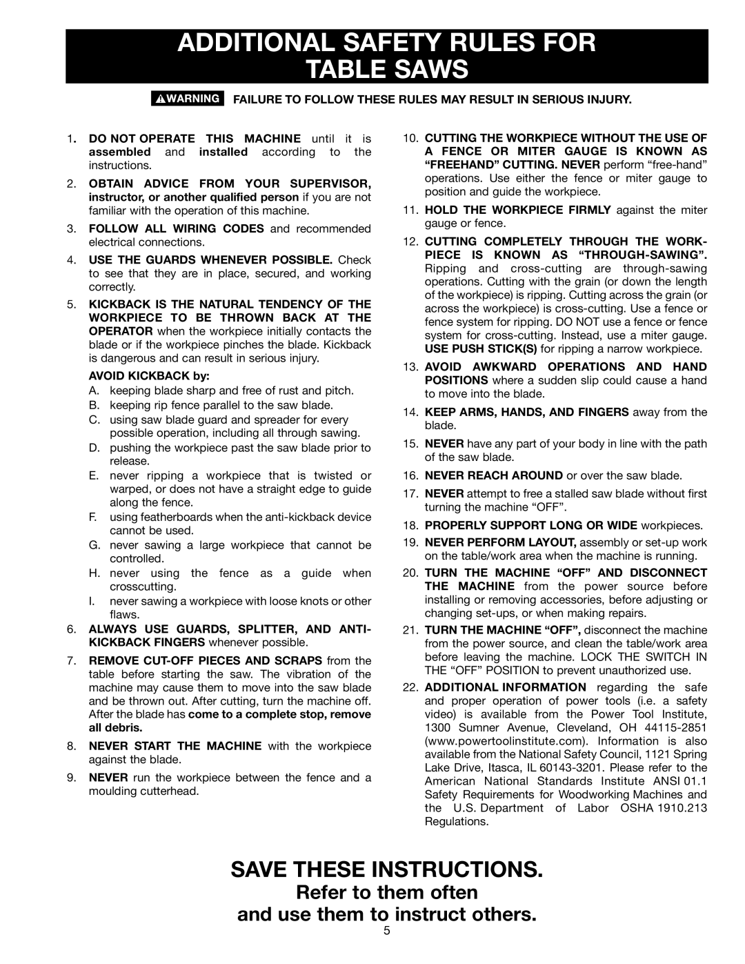 Delta 36-953 Additional Safety Rules for Table Saws, Failure to Follow These Rules MAY Result in Serious Injury 