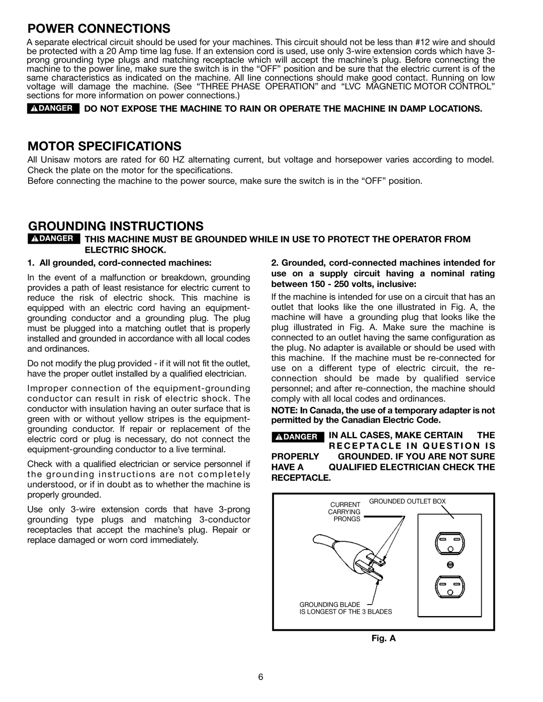 Delta 36-953 instruction manual Power Connections, Motor Specifications, Grounding Instructions, ALL CASES, Make Certain 