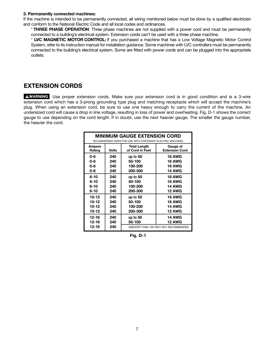 Delta 36-953 instruction manual Extension Cords, Permanently connected machines 