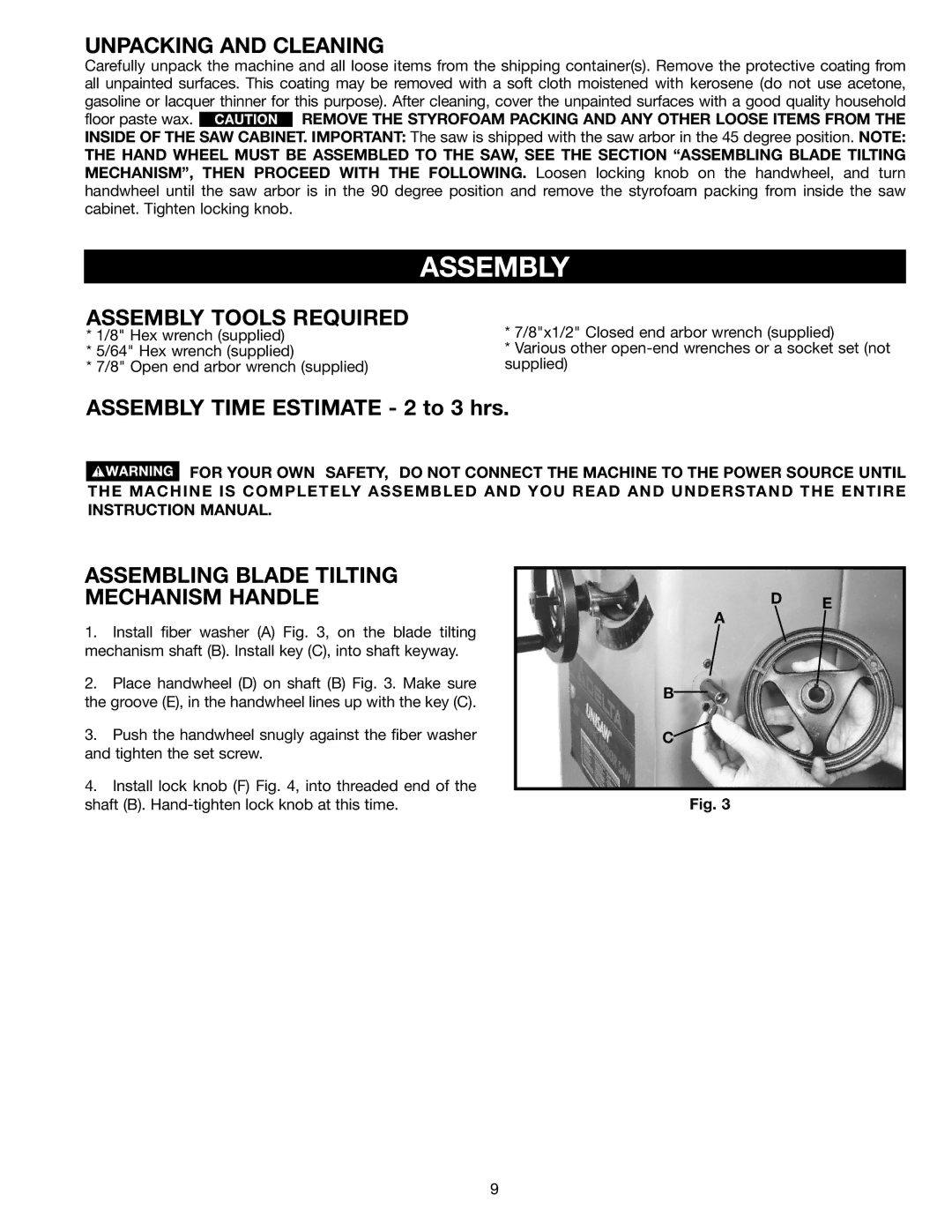 Delta 36-953 instruction manual Unpacking and Cleaning, Assembly Tools Required 