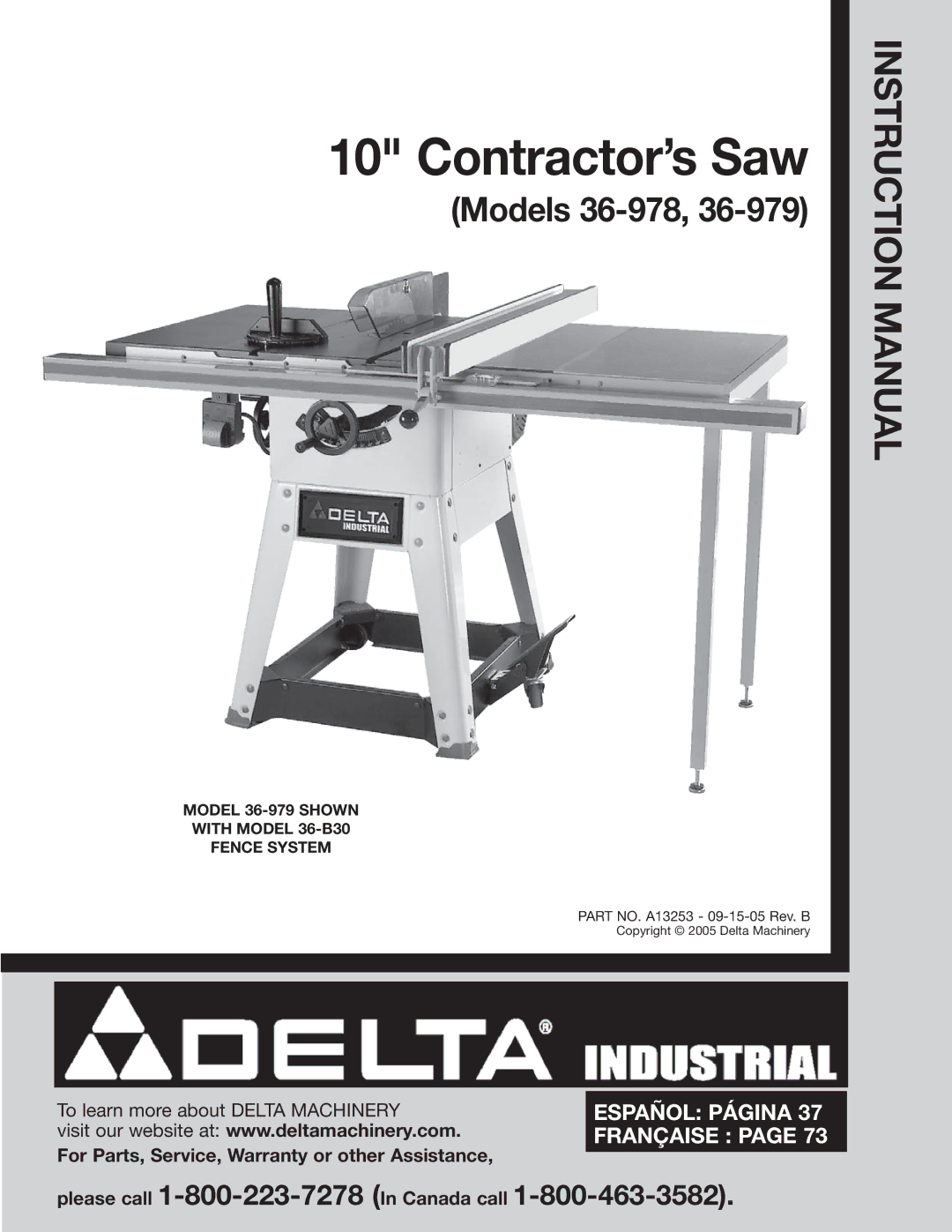 Delta 36-978 instruction manual Contractor’s Saw, Model 36-979 Shown With Model 36-B30 Fence System 