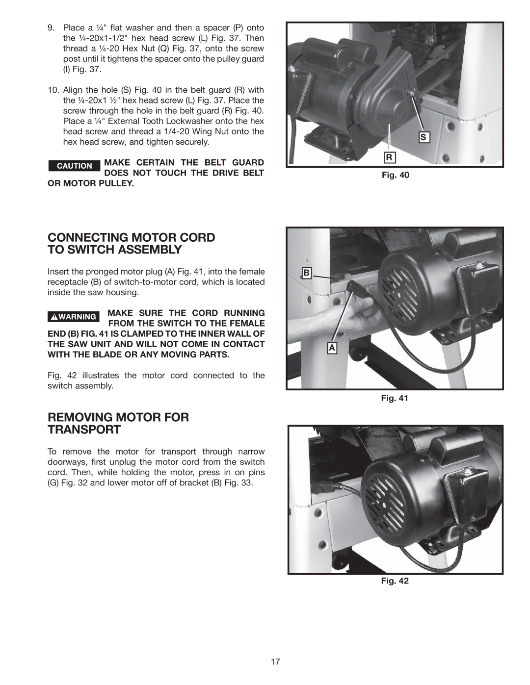 Delta 36-978 instruction manual Removing Motor for Transport, Connecting Motor Cord to Switch Assembly 