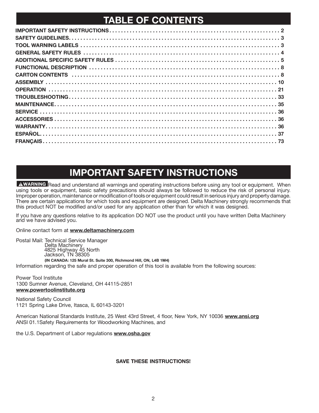 Delta 36-978 instruction manual Table of Contents, Important Safety Instructions 