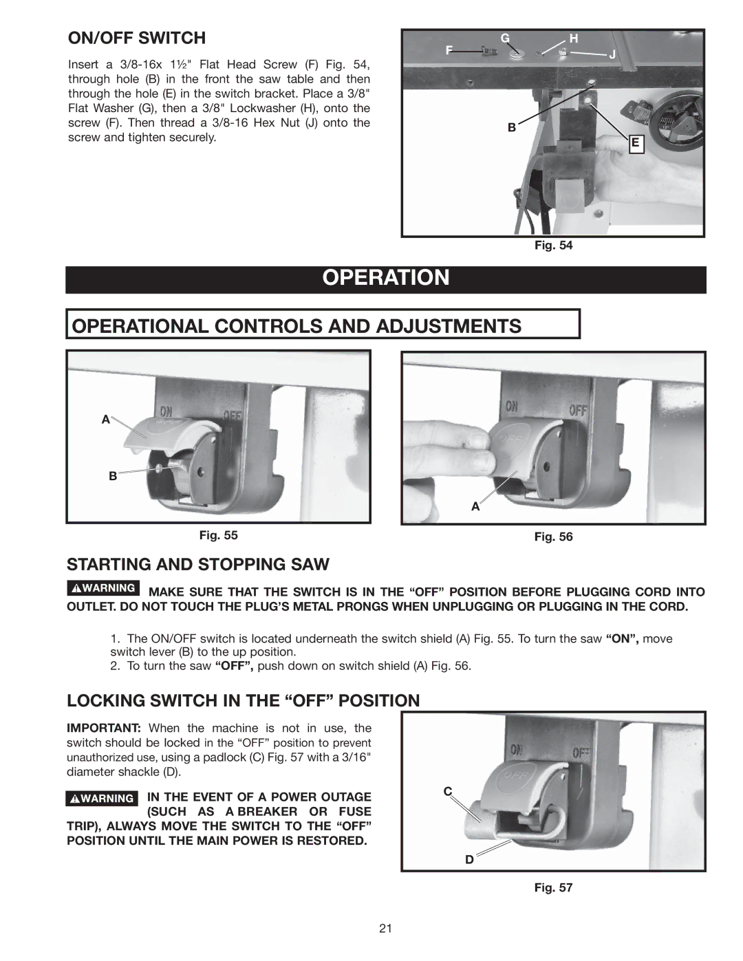 Delta 36-978 instruction manual Operation, ON/OFF Switch, Starting and Stopping SAW, Locking Switch in the OFF Position 