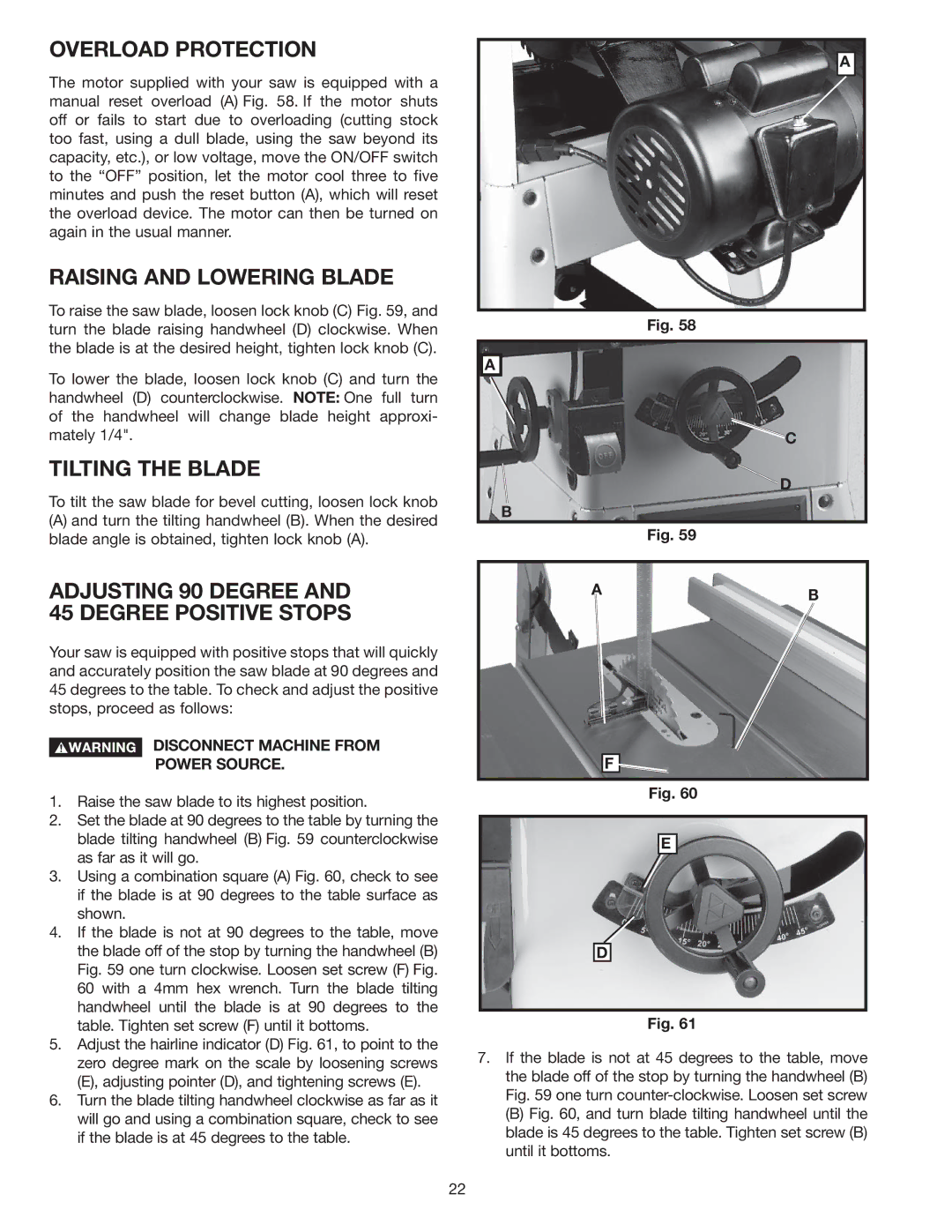 Delta 36-978 Overload Protection, Raising and Lowering Blade, Tilting the Blade, Disconnect Machine from Power Source 