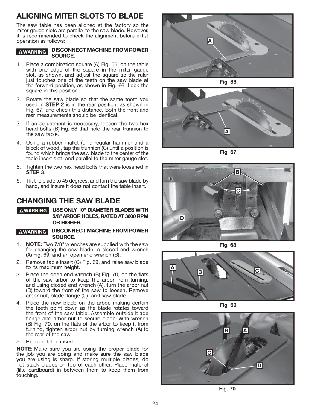 Delta 36-978 instruction manual Aligning Miter Slots to Blade, Changing the SAW Blade 