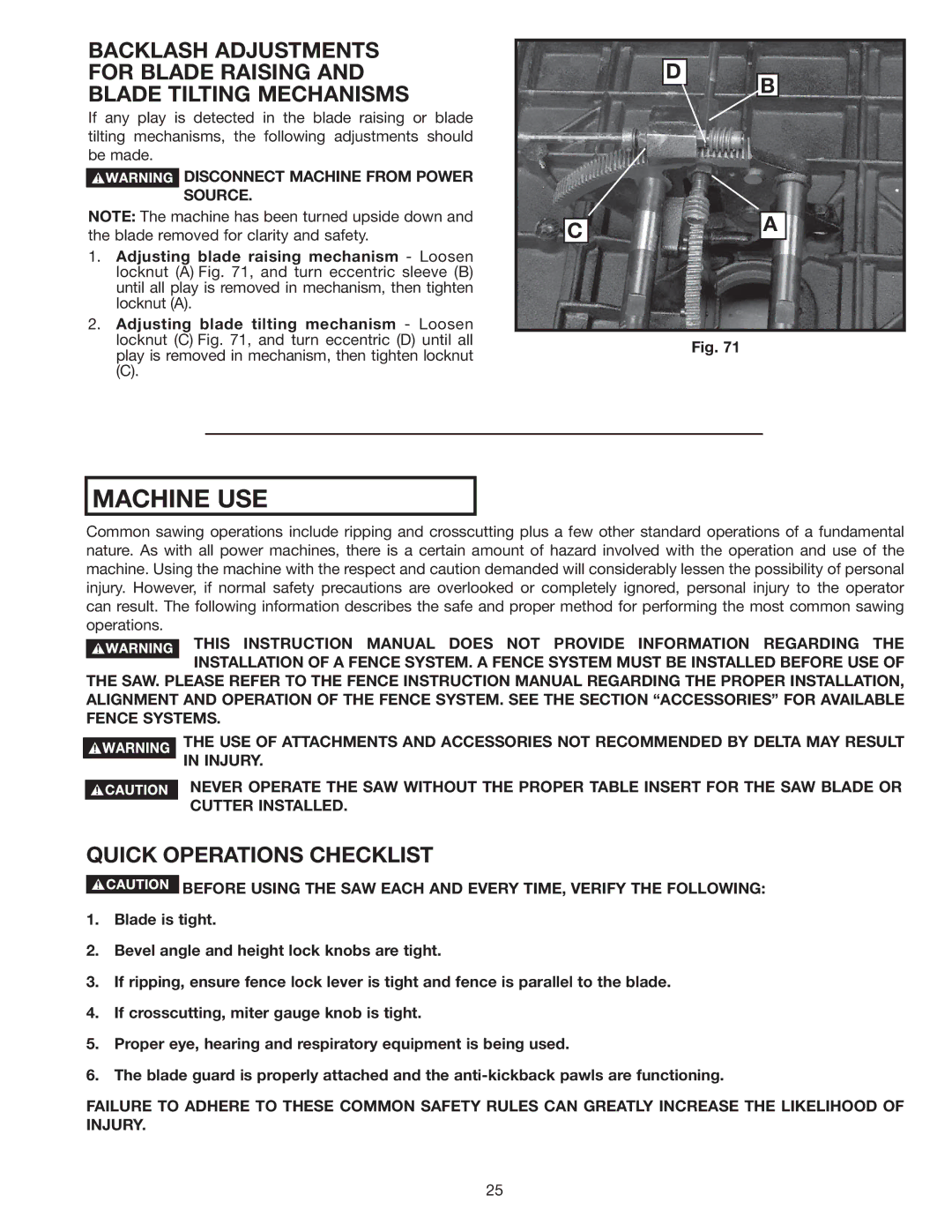 Delta 36-978 instruction manual Machine USE, Quick Operations Checklist 