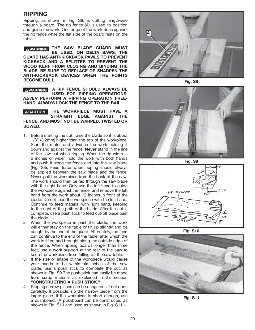 Delta 36-978 instruction manual Ripping, Constructing a Push Stick 