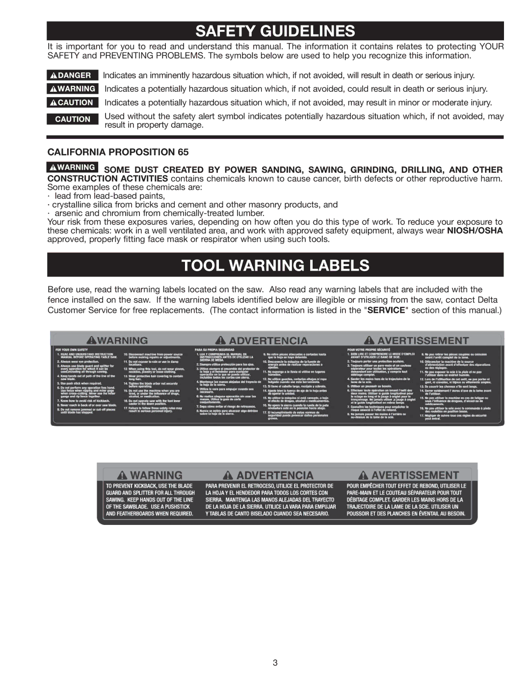 Delta 36-978 instruction manual Safety Guidelines, Tool Warning Labels 