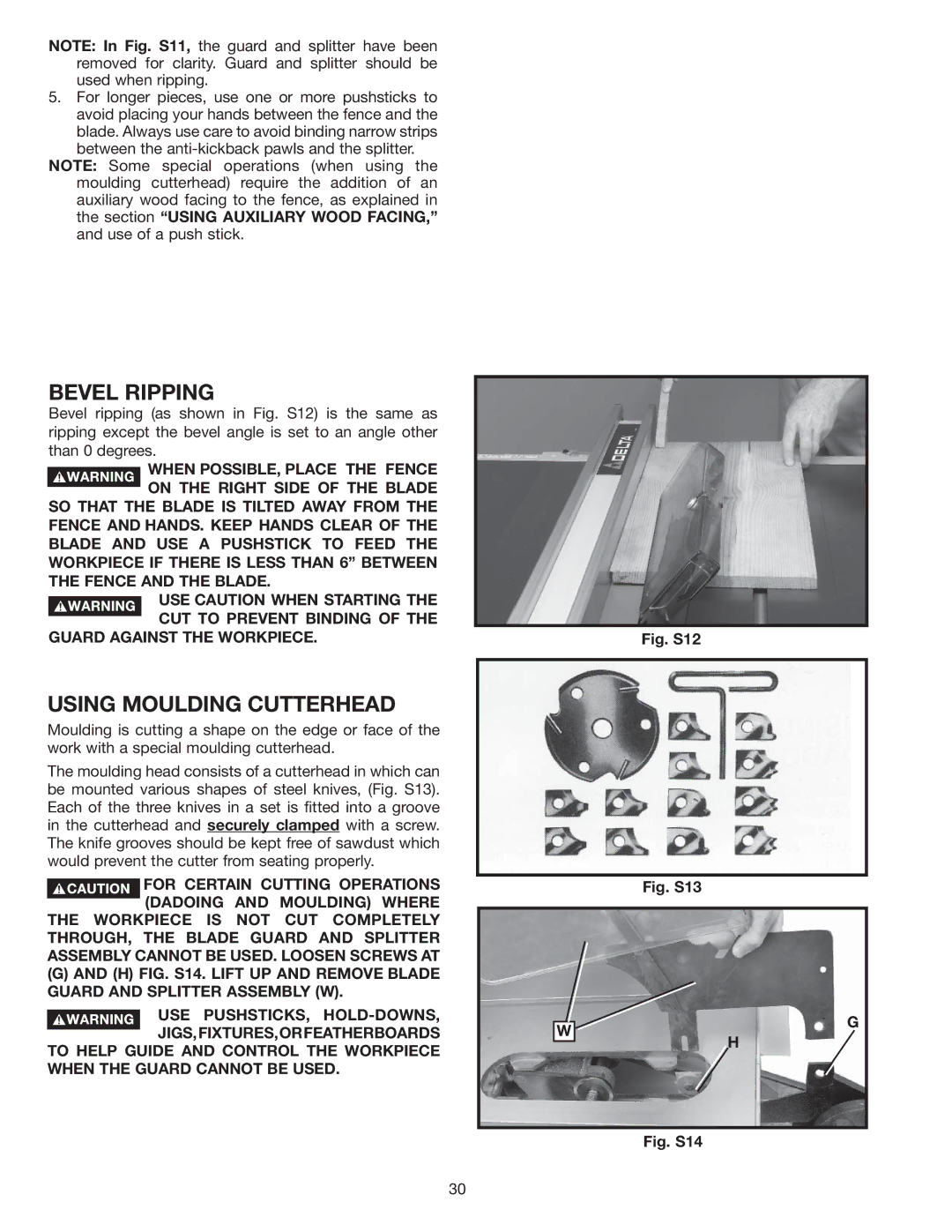 Delta 36-978 instruction manual Bevel Ripping, Using Moulding Cutterhead 