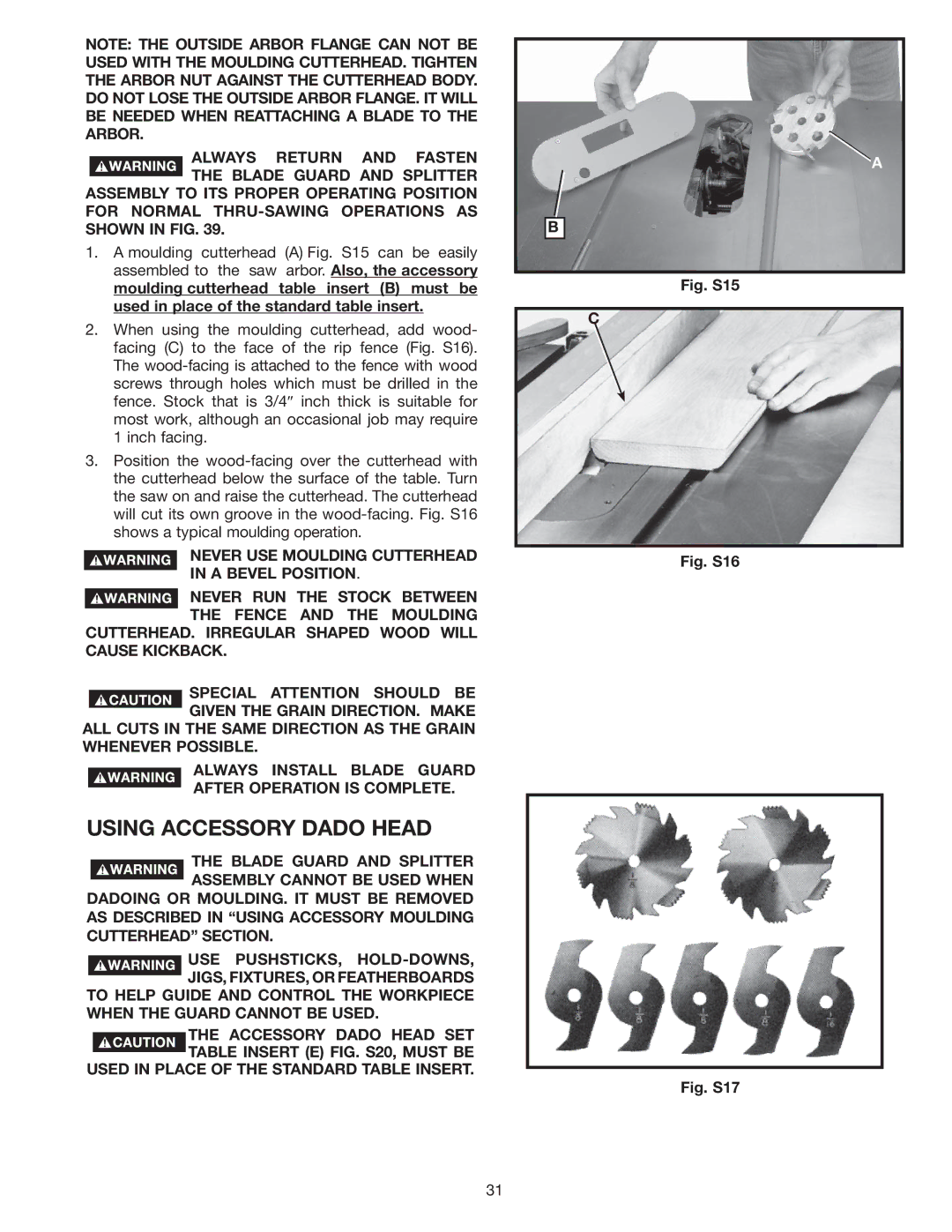 Delta 36-978 instruction manual Using Accessory Dado Head, Fig. S15 