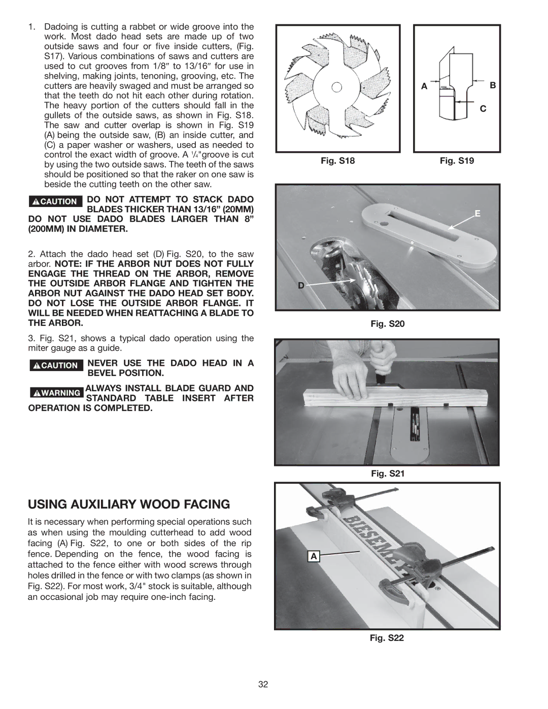 Delta 36-978 instruction manual Using Auxiliary Wood Facing, Fig. S18 