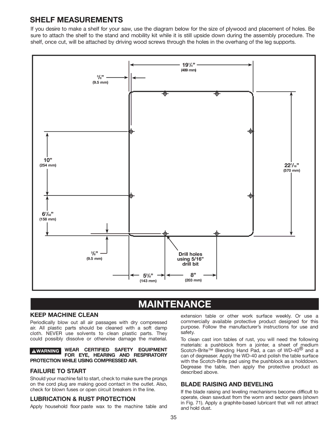 Delta 36-978 instruction manual Maintenance, Shelf Measurements 