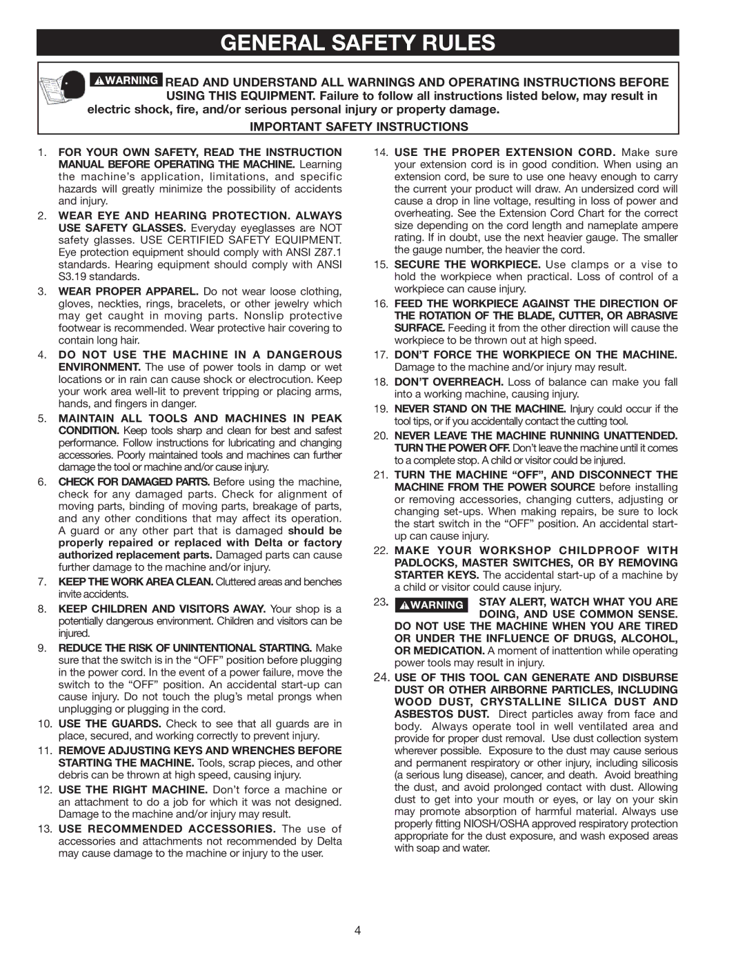 Delta 36-978 instruction manual General Safety Rules, Important Safety Instructions 