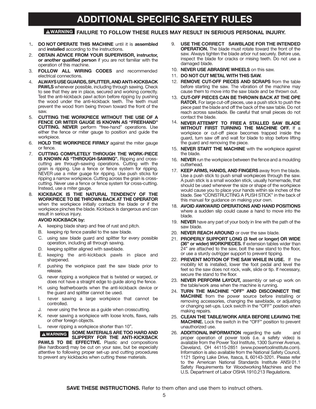 Delta 36-978 instruction manual Additional Specific Safety Rules, Some Materials are TOO Hard 