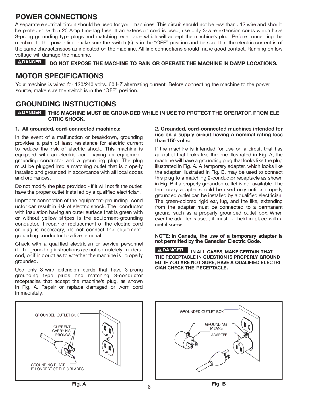 Delta 36-978 instruction manual Power Connections, Motor Specifications, Grounding Instructions 