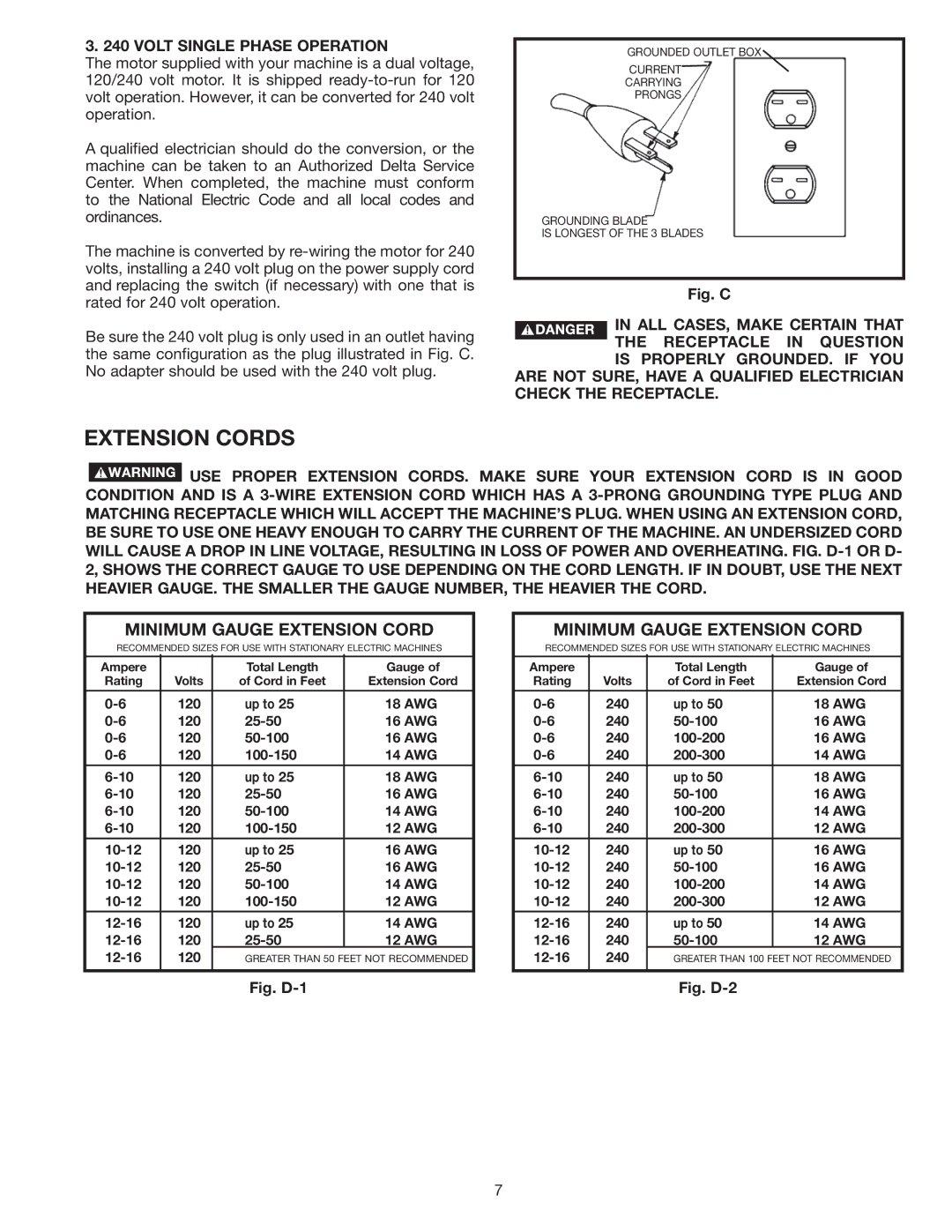 Delta 36-978 instruction manual Extension Cords, Volt Single Phase Operation 