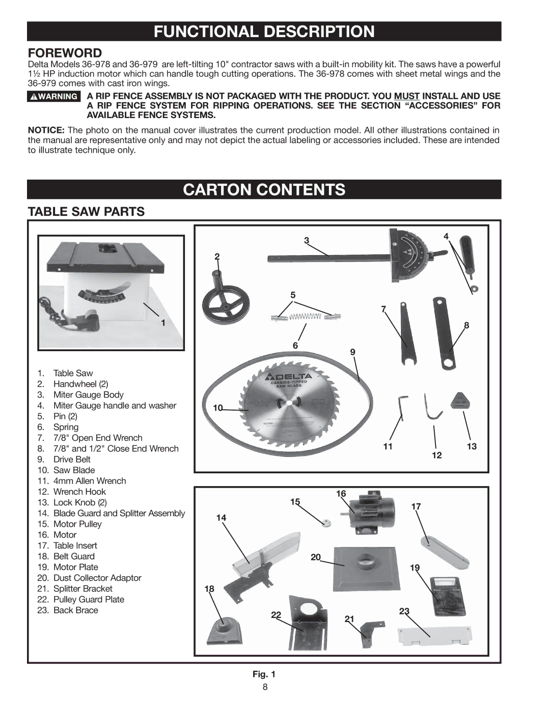 Delta 36-978 instruction manual Functional Description, Carton Contents 