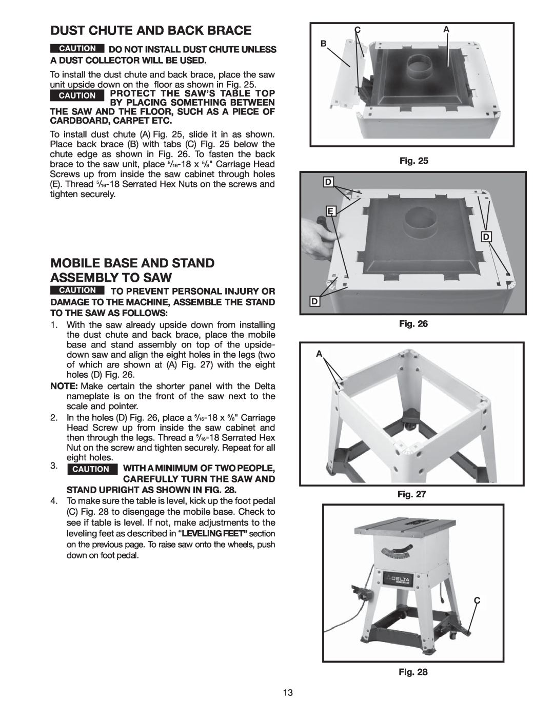 Delta 36-978 instruction manual Dust Chute And Back Brace, Mobile Base And Stand Assembly To Saw 