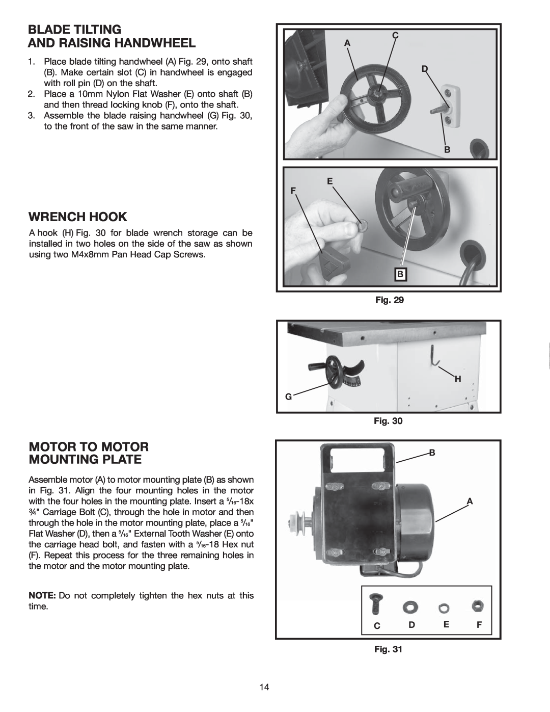 Delta 36-978 instruction manual Blade Tilting And Raising Handwheel, Wrench Hook, Motor To Motor Mounting Plate 