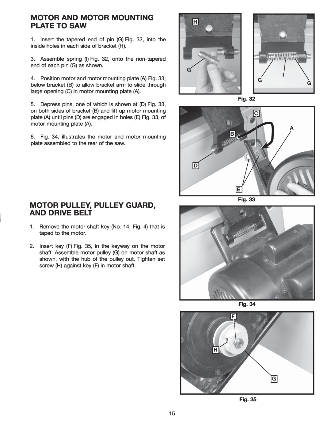 Delta 36-978 instruction manual Motor And Motor Mounting Plate To Saw, Motor Pulley, Pulley Guard, And Drive Belt 