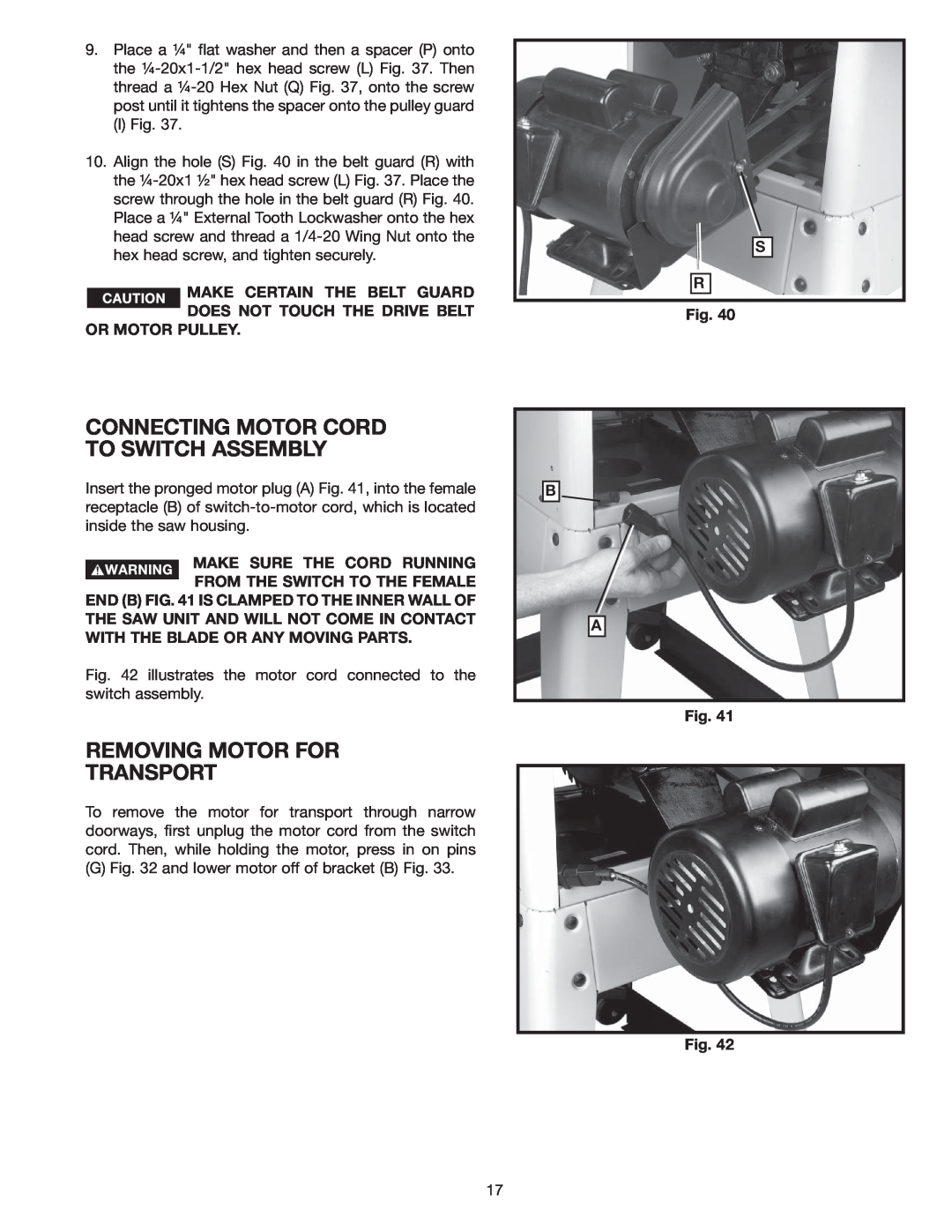 Delta 36-978 instruction manual Removing Motor For Transport, Connecting Motor Cord To Switch Assembly 