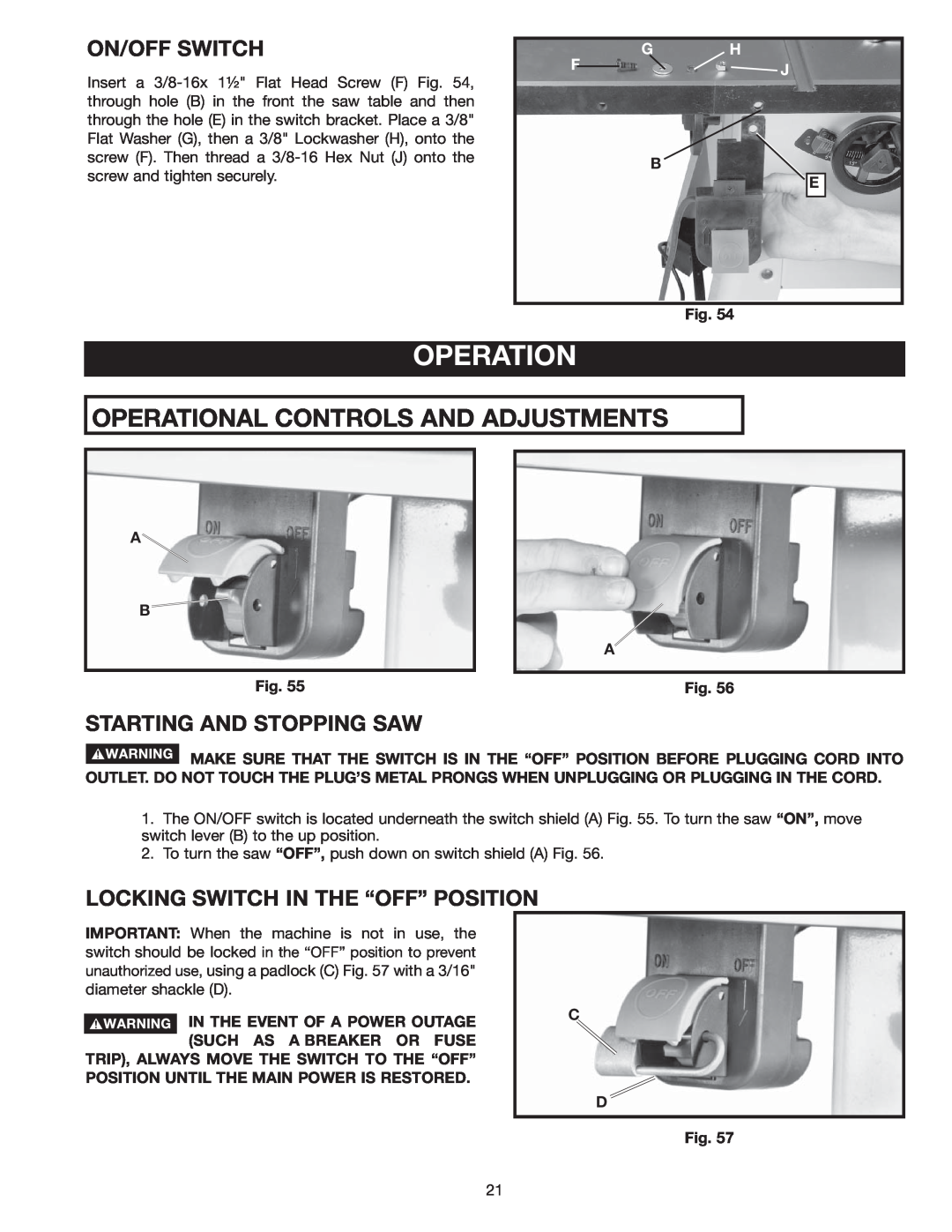 Delta 36-978 instruction manual Operational Controls And Adjustments, On/Off Switch, Starting And Stopping Saw, G H F J 