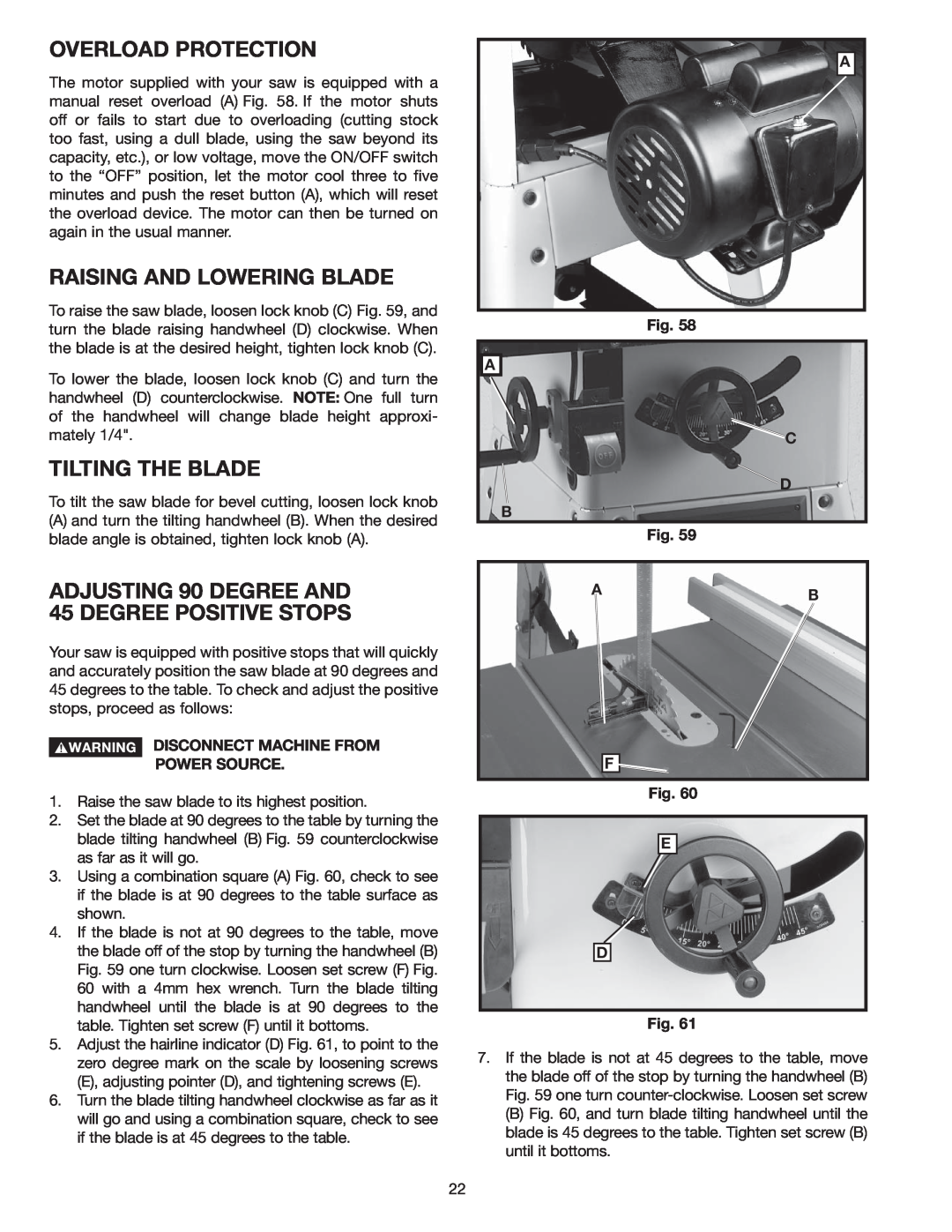 Delta 36-978 instruction manual Overload Protection, Raising And Lowering Blade, Tilting The Blade 