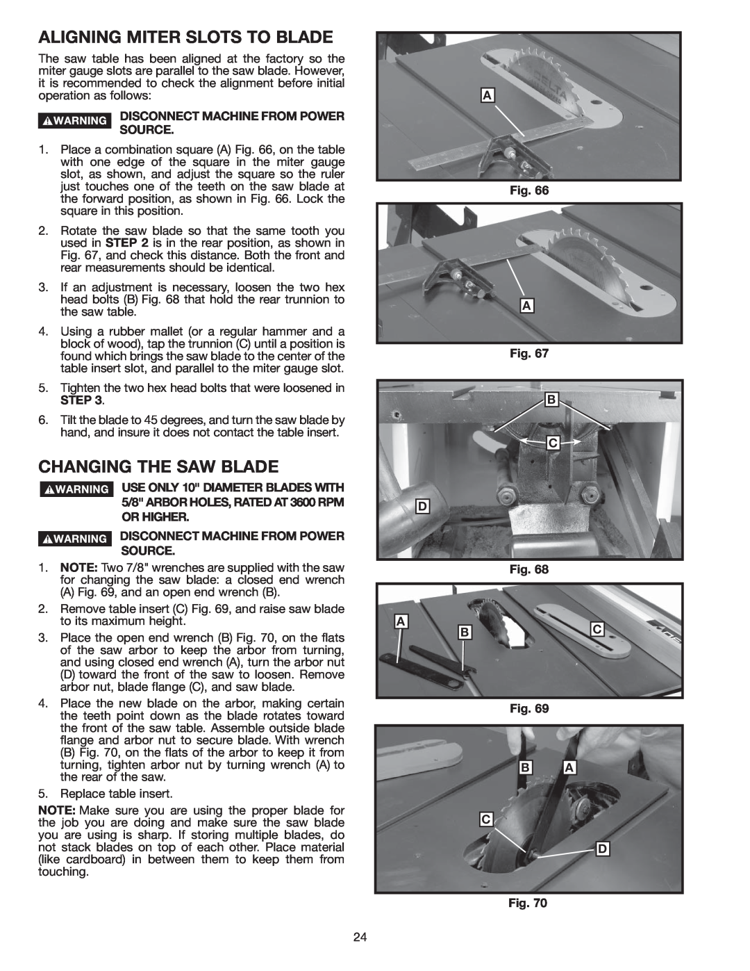 Delta 36-978 instruction manual Aligning Miter Slots To Blade, Changing The Saw Blade 