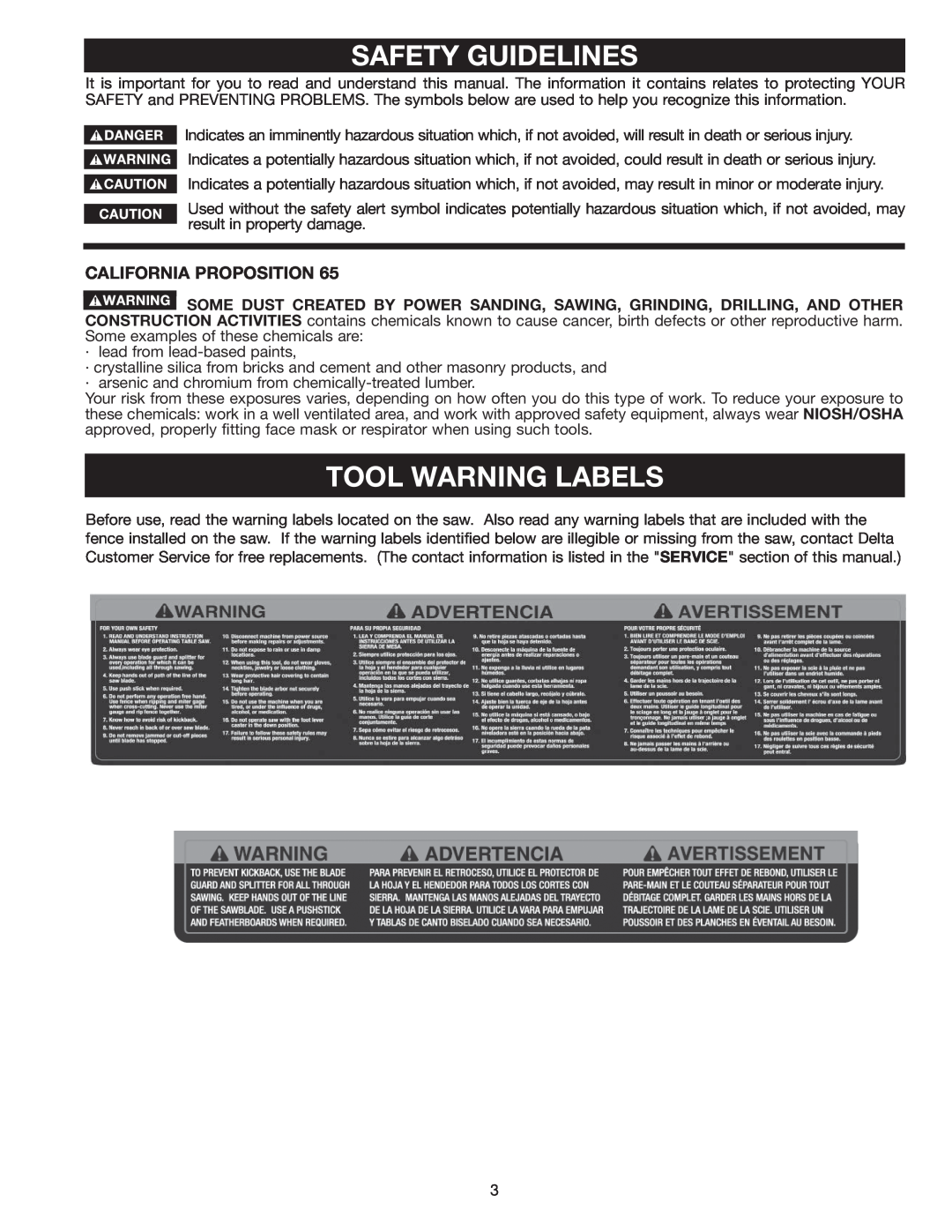 Delta 36-978 instruction manual Safety Guidelines, Tool Warning Labels, California Proposition 