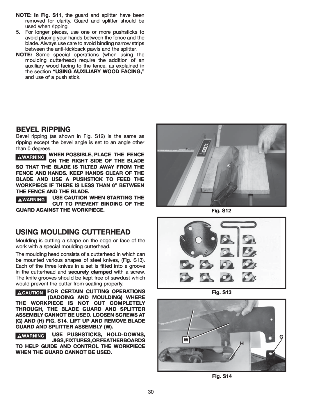 Delta 36-978 instruction manual Bevel Ripping, Using Moulding Cutterhead 