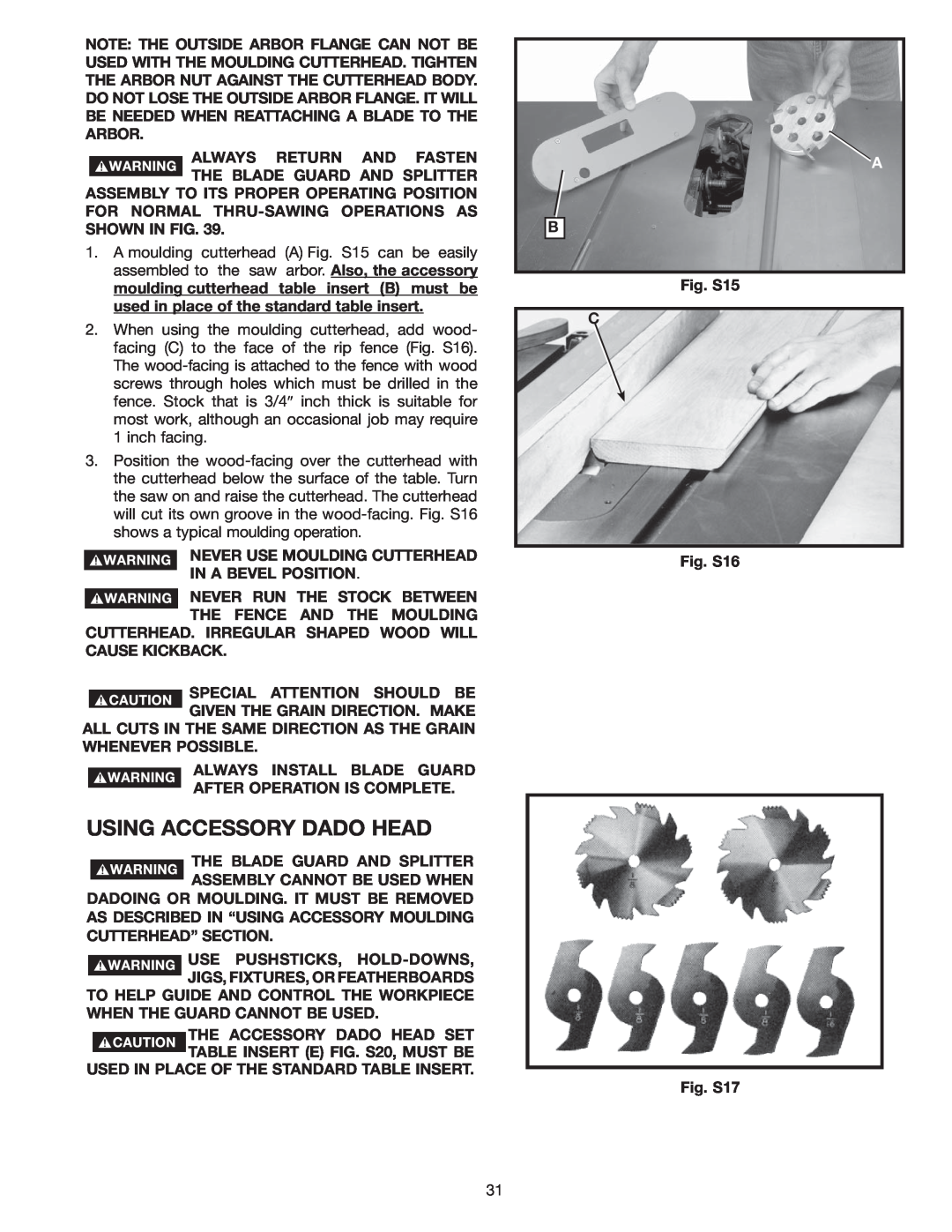 Delta 36-978 instruction manual Using Accessory Dado Head 
