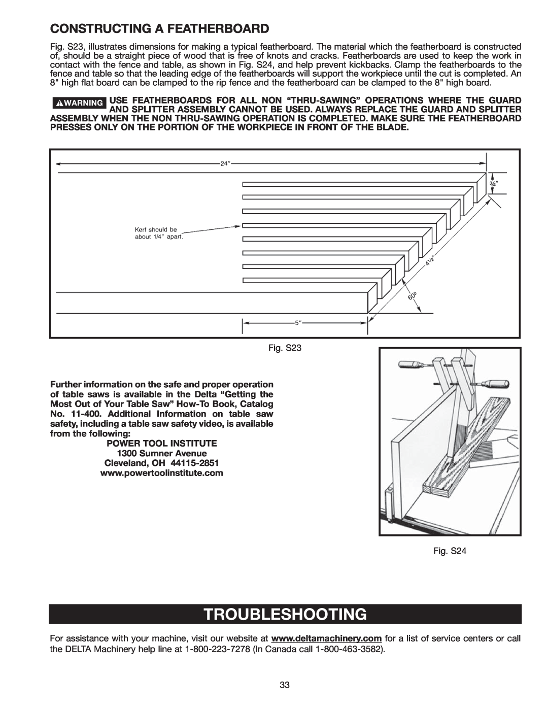 Delta 36-978 instruction manual Troubleshooting, Constructing A Featherboard 