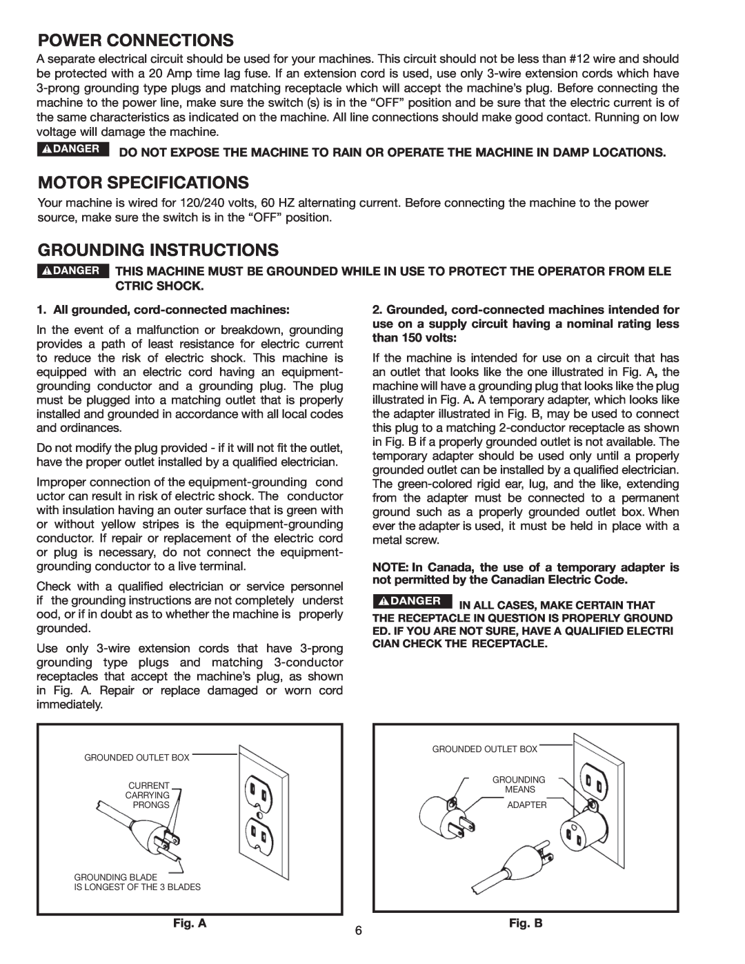 Delta 36-978 instruction manual Power Connections, Motor Specifications, Grounding Instructions 