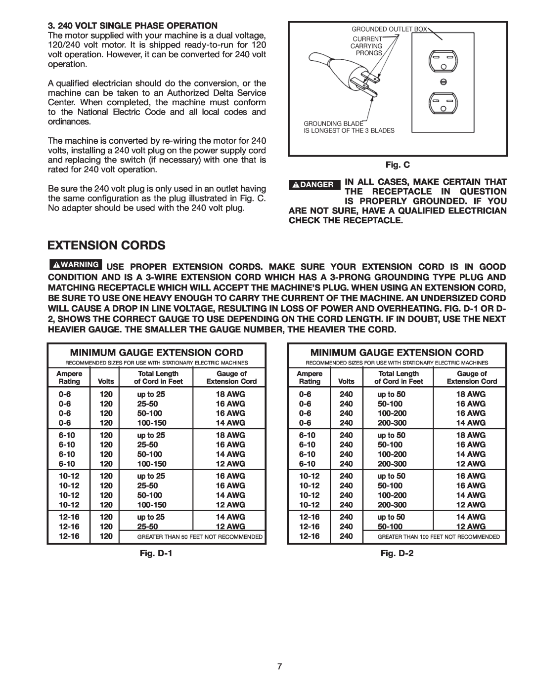 Delta 36-978 instruction manual Extension Cords, Minimum Gauge Extension Cord 