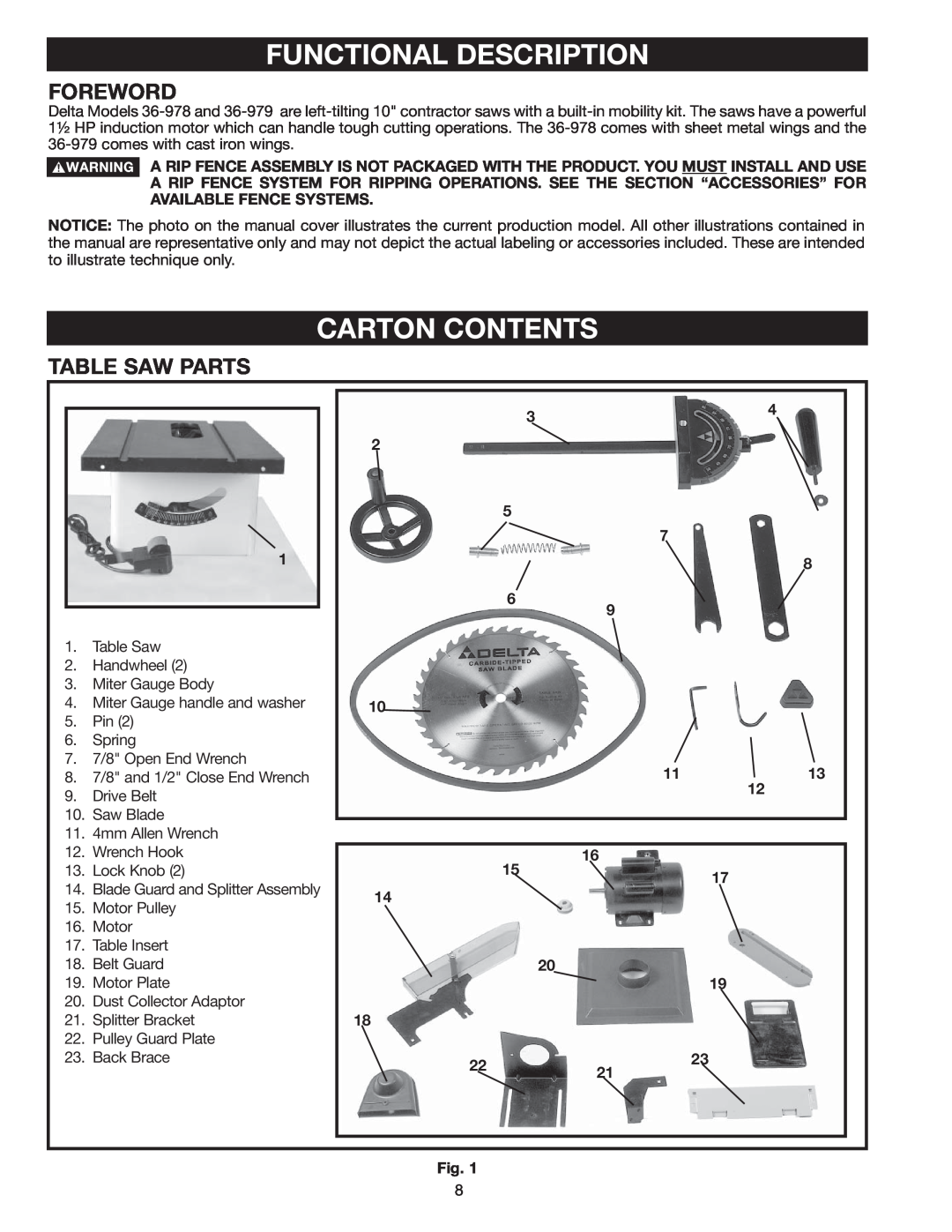 Delta 36-978 instruction manual Functional Description, Carton Contents, Foreword, Table Saw Parts 