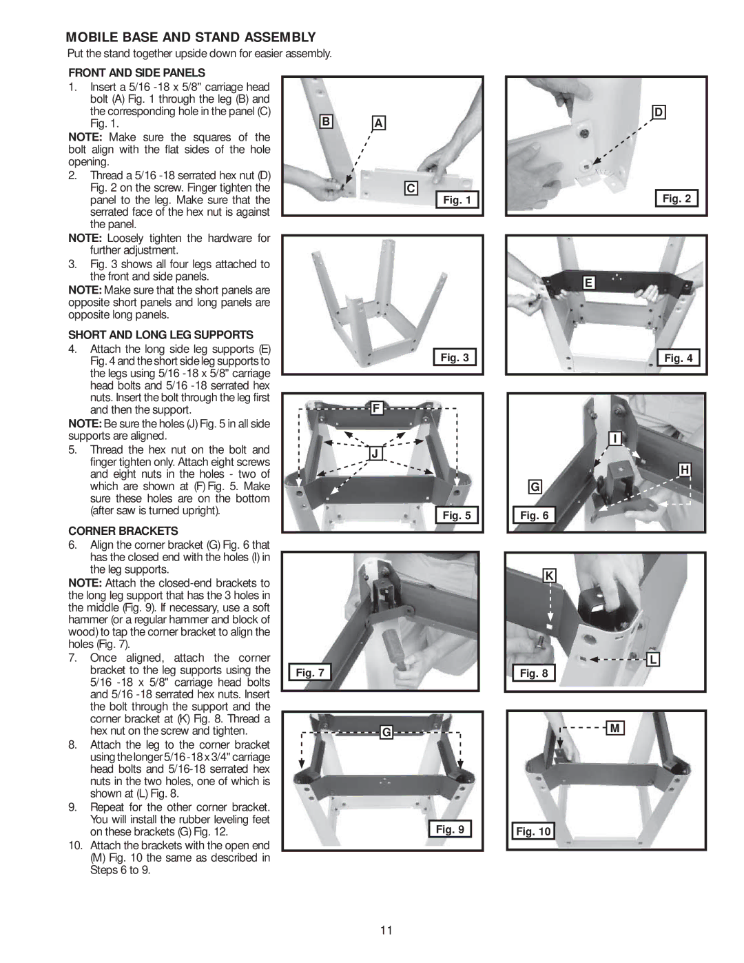 Delta 36-978, 36-979 Mobile Base and Stand Assembly, Front and Side Panels, Short and Long LEG Supports, Corner Brackets 