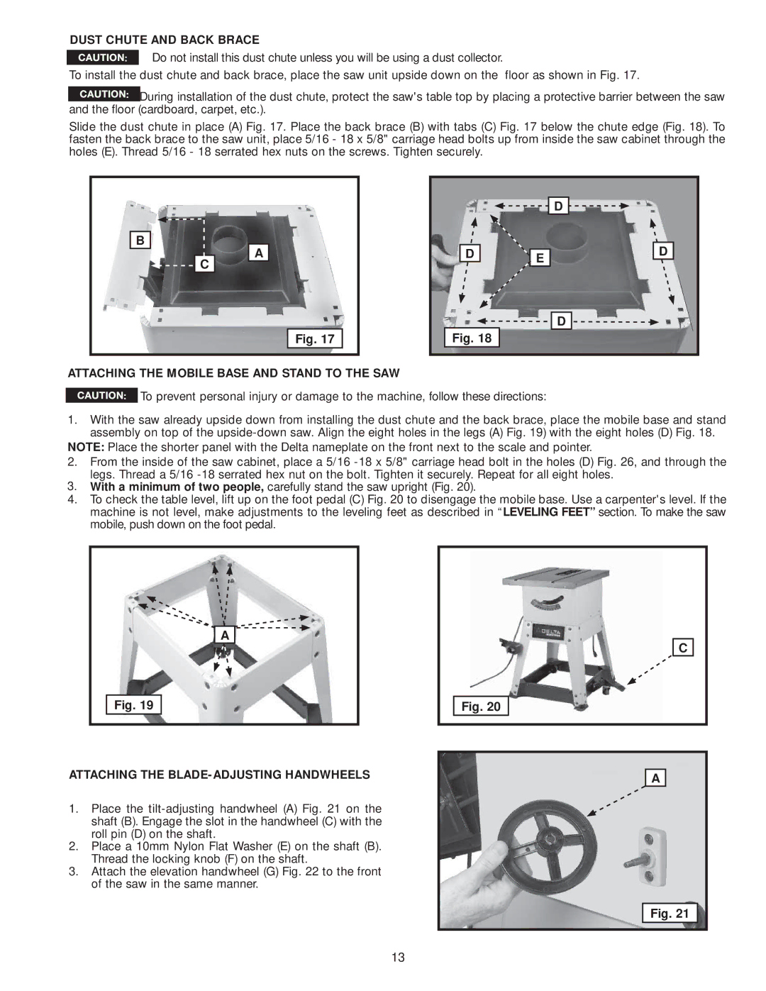 Delta 36-978, 36-979 instruction manual Dust Chute and Back Brace, Attaching the Mobile Base and Stand to the SAW 