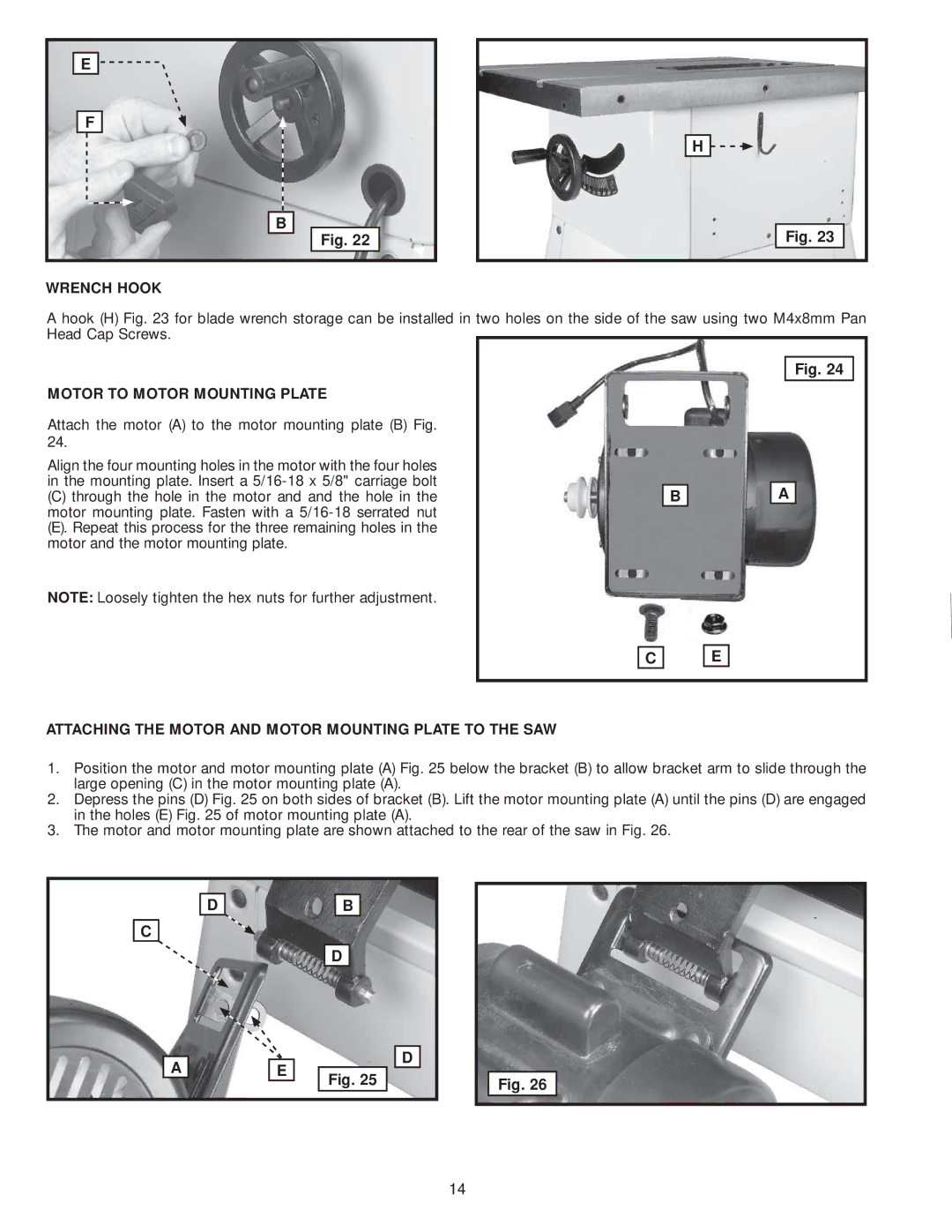 Delta 36-979, 36-978 Wrench Hook, Motor to Motor Mounting Plate, Attaching the Motor and Motor Mounting Plate to the SAW 