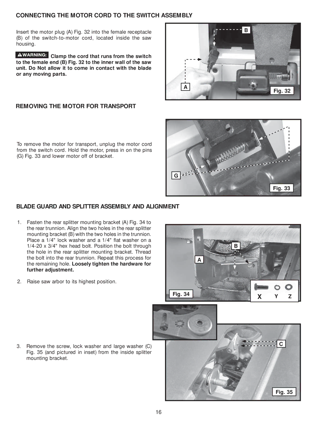 Delta 36-979, 36-978 instruction manual Connecting the Motor Cord to the Switch Assembly, Removing the Motor for Transport 