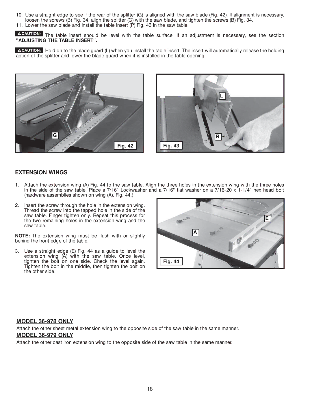 Delta instruction manual Extension Wings, Model 36-978 only, Model 36-979 only, Adjusting the Table Insert 