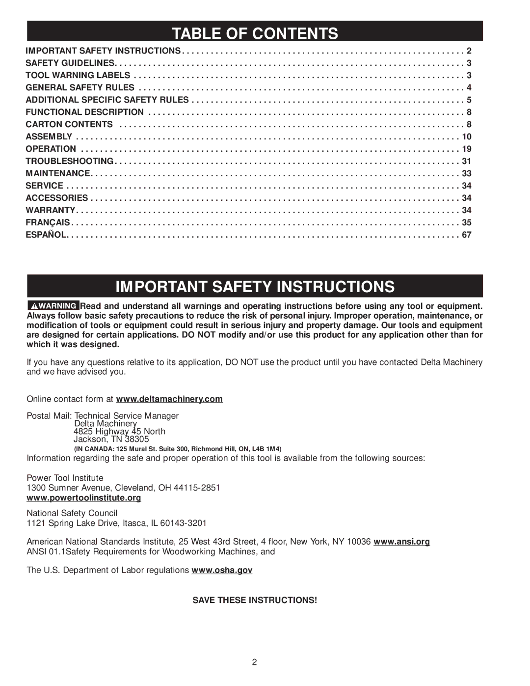 Delta 36-979, 36-978 instruction manual Table of Contents, Important Safety Instructions 